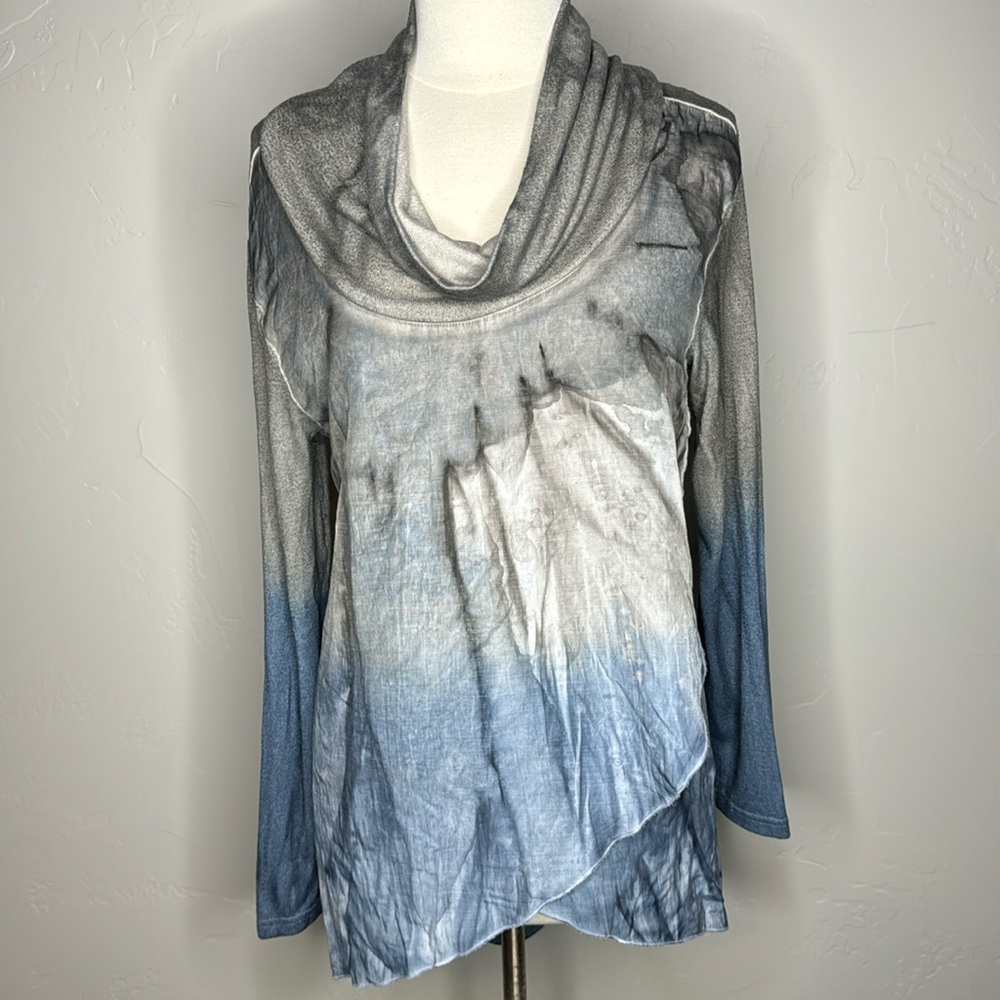 Fleur de Lis Cowl Neck Linen Blend Top Watercolor Look